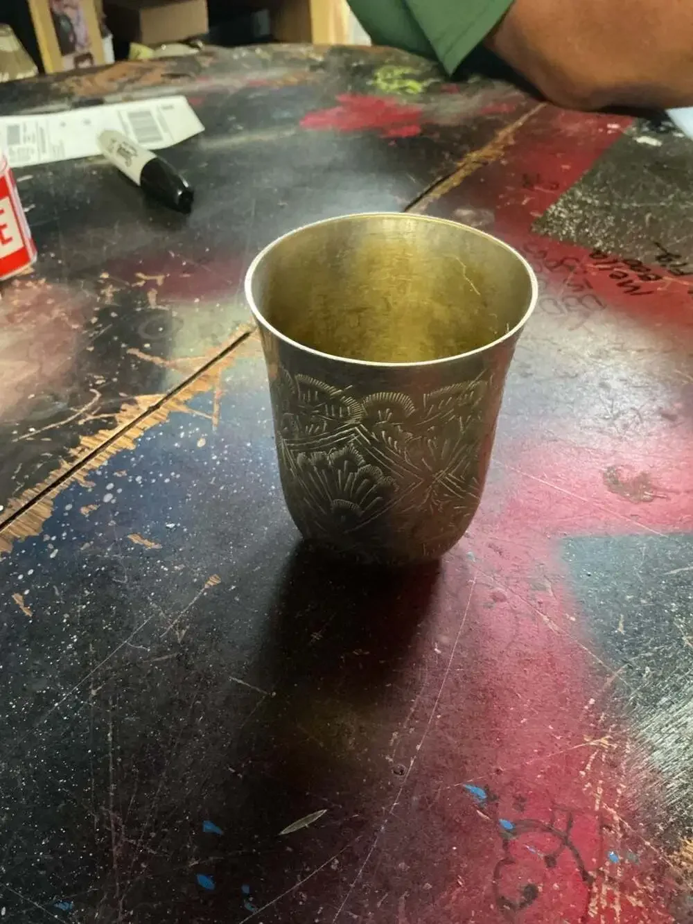 Vintage Hand Engraved Floral Etched Solid Brass Drinking Cup or Lassi Tumbler